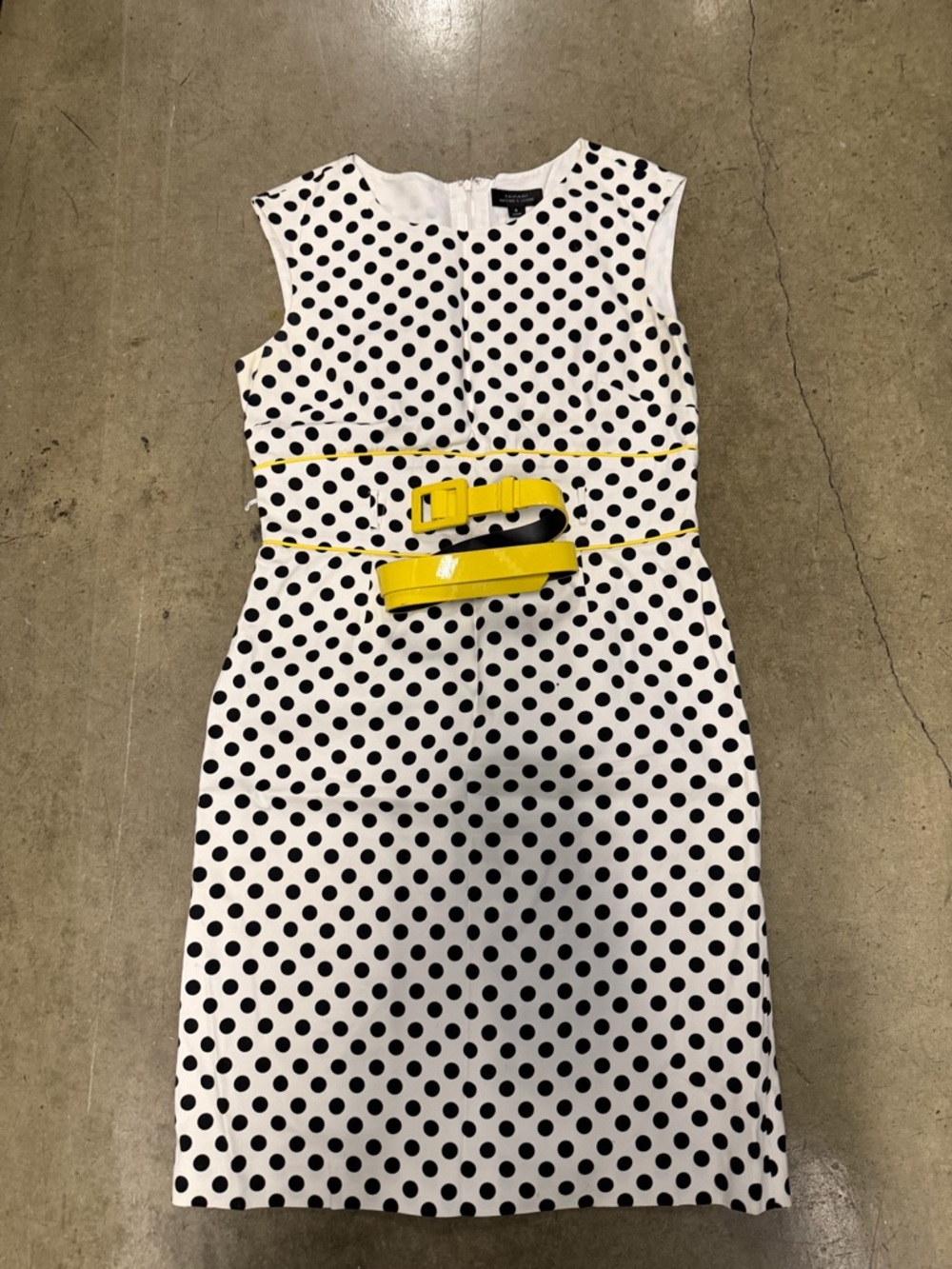 Tahari White and Black Polka Dot Sheath Dress with Yellow Patent Belt